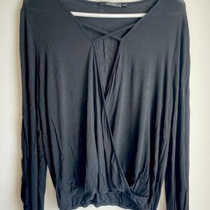 Black long sleeve open front and open shoulder shirt size small